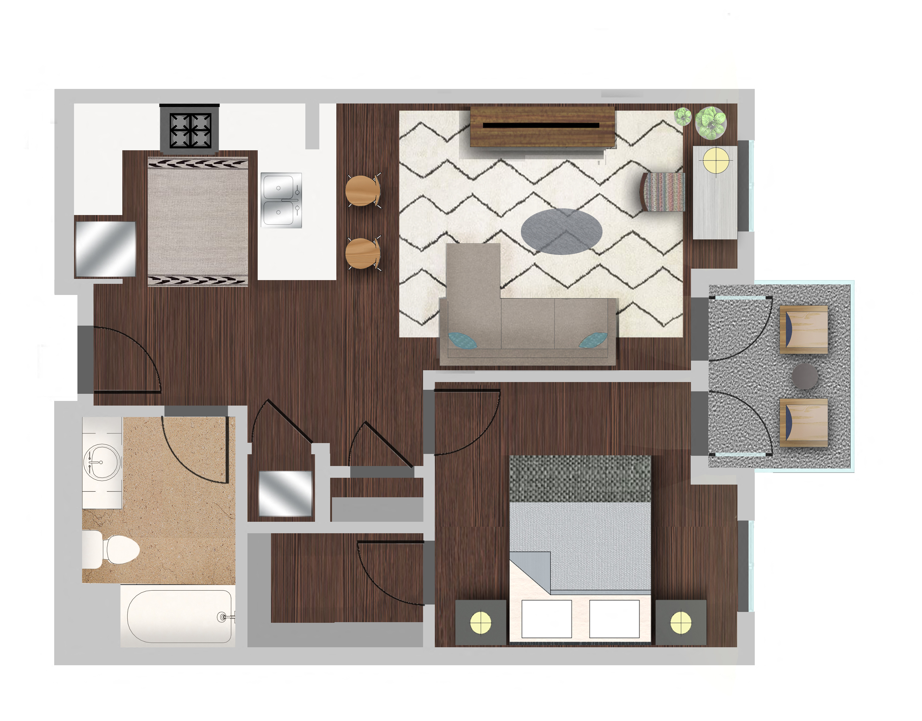 Floor plan for 1 bed, 1 bath, 717 sqft